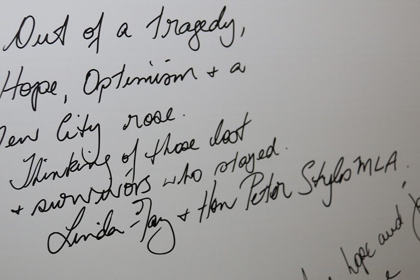 A note on the remembrance wall for Cyclone Tracy from politician Peter Styles