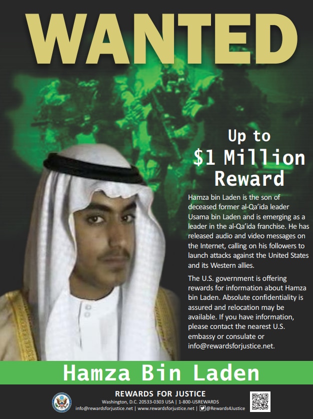 A wanted poster showing Hamza bin Laden's face.