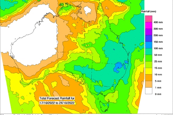 A weather bureau rain map for the coming week. 