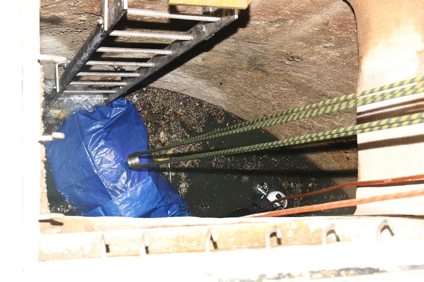A blue body bag floats in a sewer.