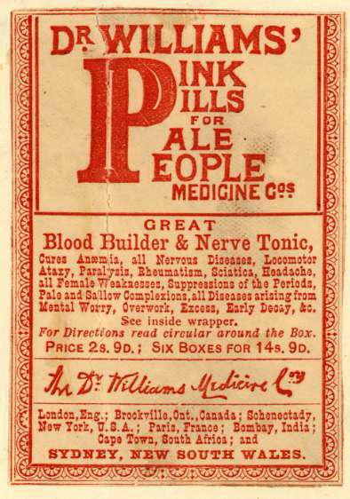 Una etiqueta de “Pastillas rosas para personas pálidas” del Dr. Williams.