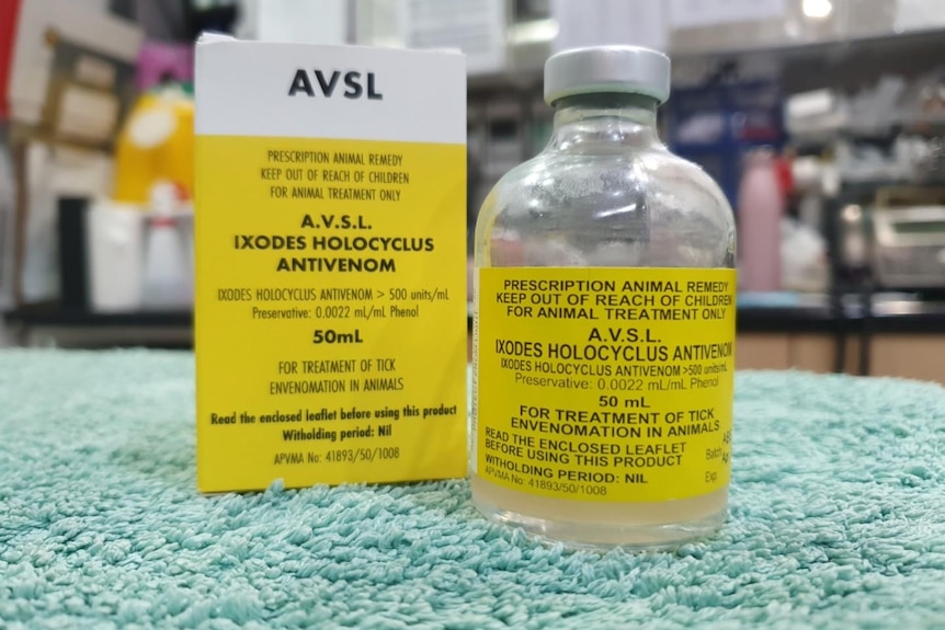 A bottle of tick antiserum from Toowong Family Vet helping pets