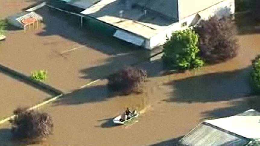 A speed boat makes its way through floodwaters in Wagga Wagga.