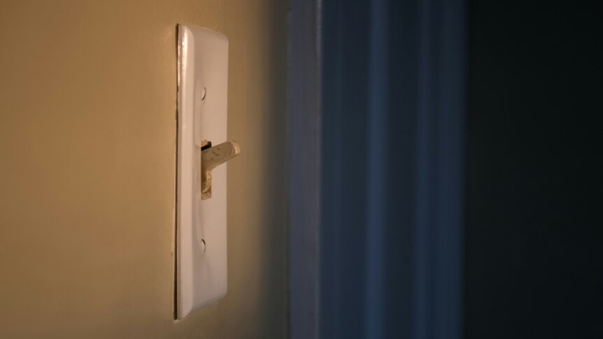 A light switch is pictured in a dim room.