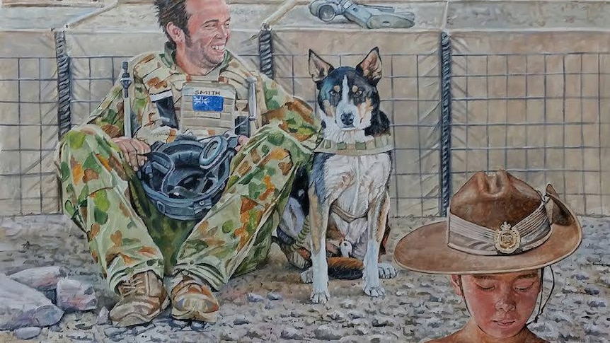 soldier sitting smiling with dog and young boy his son in foreground
