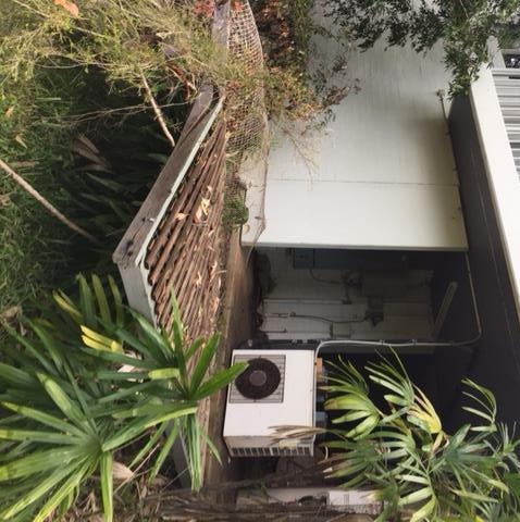 Overgrown grass and a fallen wall at the resort