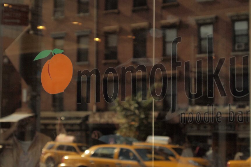 The window of Momofuku Noodle Bar in Manhattan