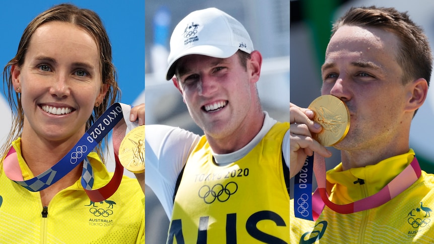 Three images of people wearing yellow smiling with gold medals