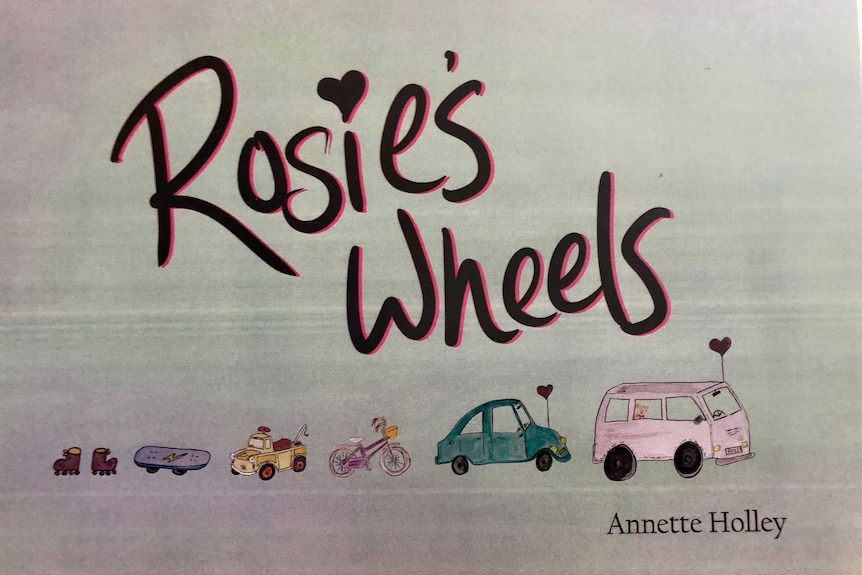 A book cover, showing drawn pictures of rollerskates, a skateboard, a bicycle and vehicles.