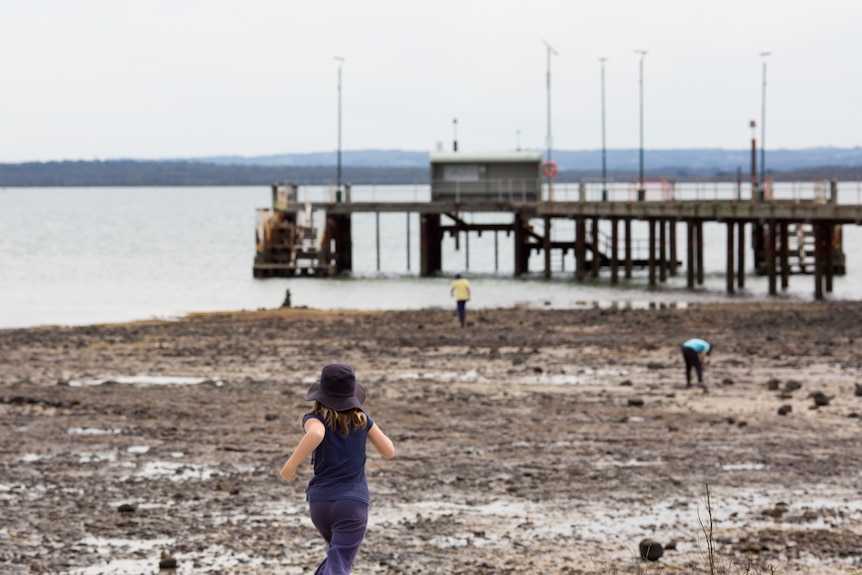 A girl runs towards the beach, a jetty in the background.