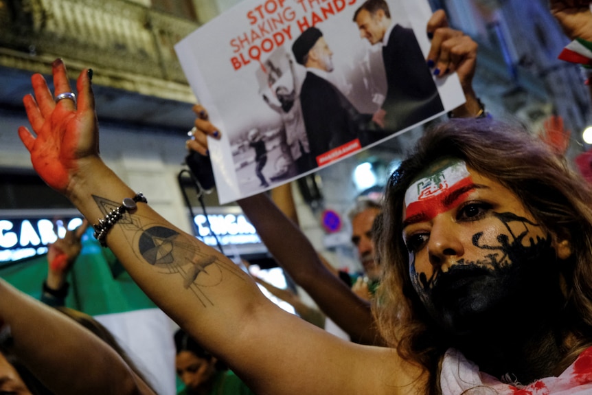 An Iranian citizen protests in support of Iranian women and against the death of Mahsa Amini, in Barcelona, Spain.