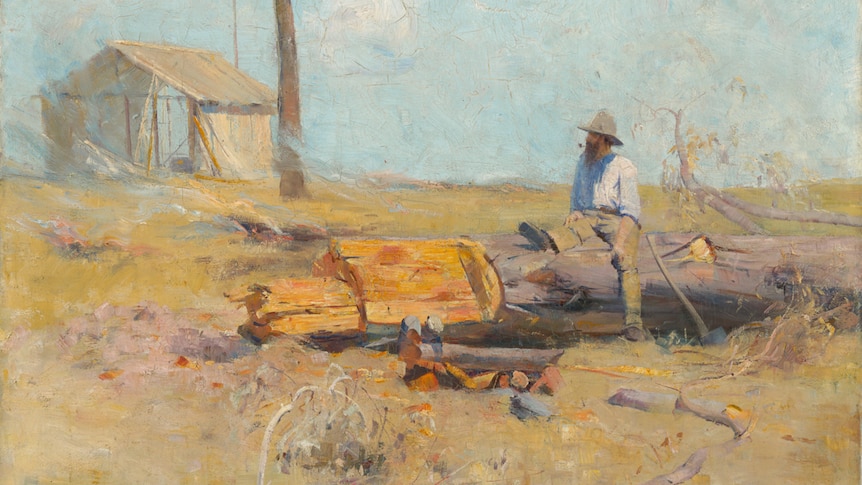 Painting titled 'The selector's hut (Whelan on the log)' 1890, by Arthur Streeton
