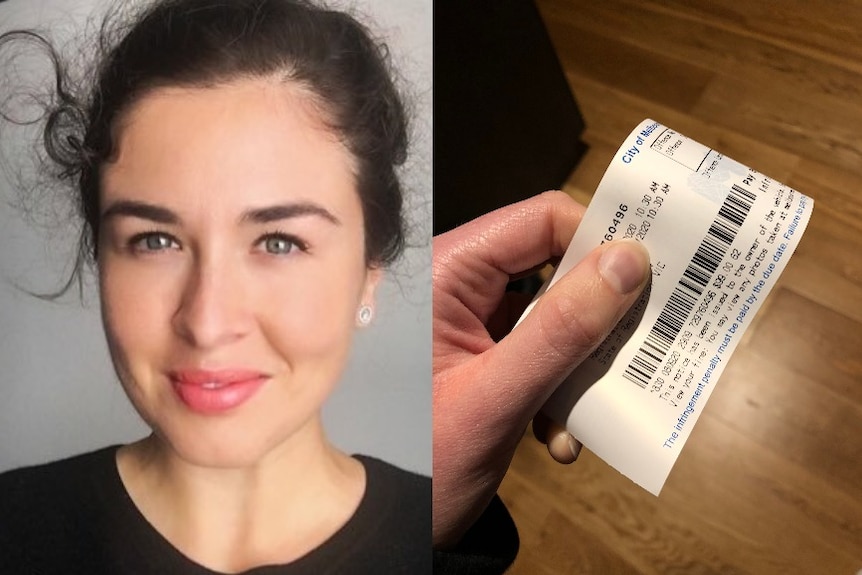 An up close photo of a young woman with dark hair tied back next to a photo of a parking ticket in her hand.