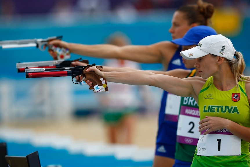 Lithuania's Laura Asadauskaite shoots in the modern pentathlon