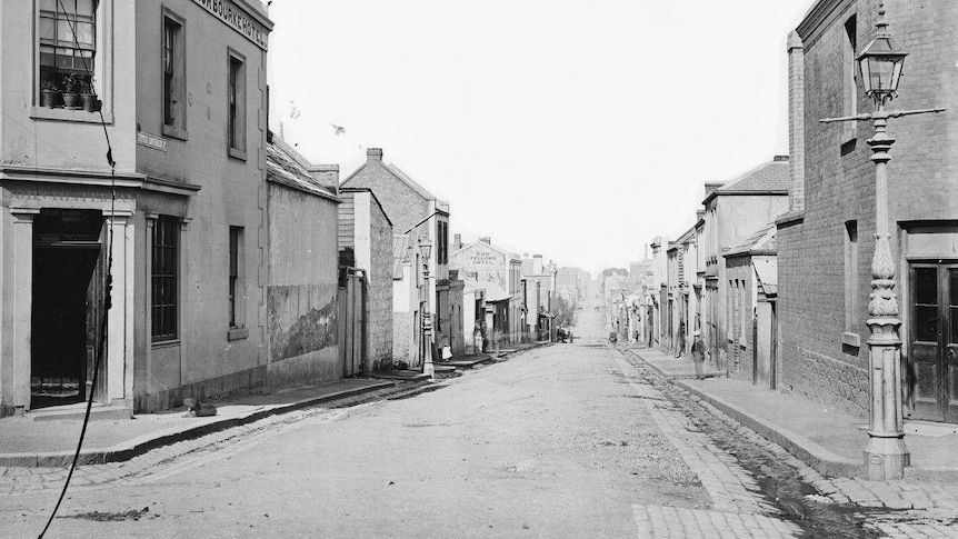 Little Lonsdale Street, seen from the Old Governor Bourke Hotel, in the 1870s.