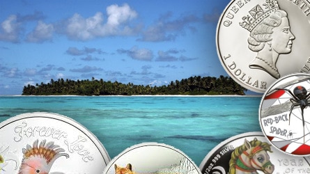 Several designer coins frame a serene Tuvalu beach.