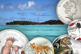 Several designer coins frame a serene Tuvalu beach.