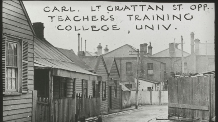 Barnett wrote his notes on the front of this photo of Little Grattan Street in Carlton.