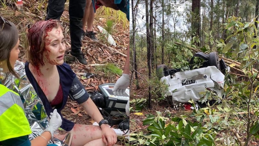A woman is covered in blood in bushland after her car was rammed and flipped.