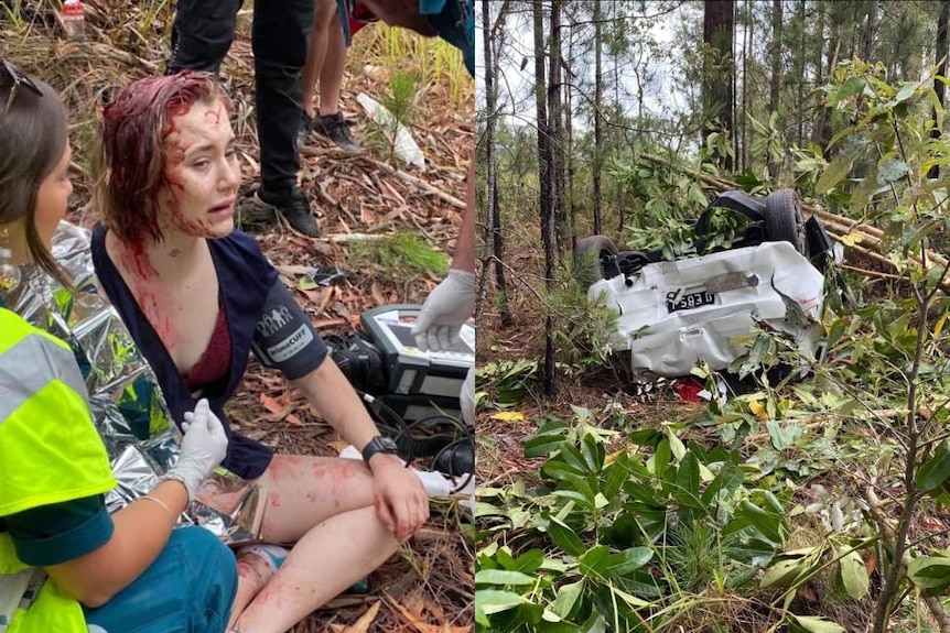 A woman is covered in blood in bushland after her car was rammed and flipped.