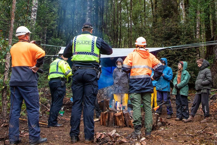 Police speak with anti-logging protesters.