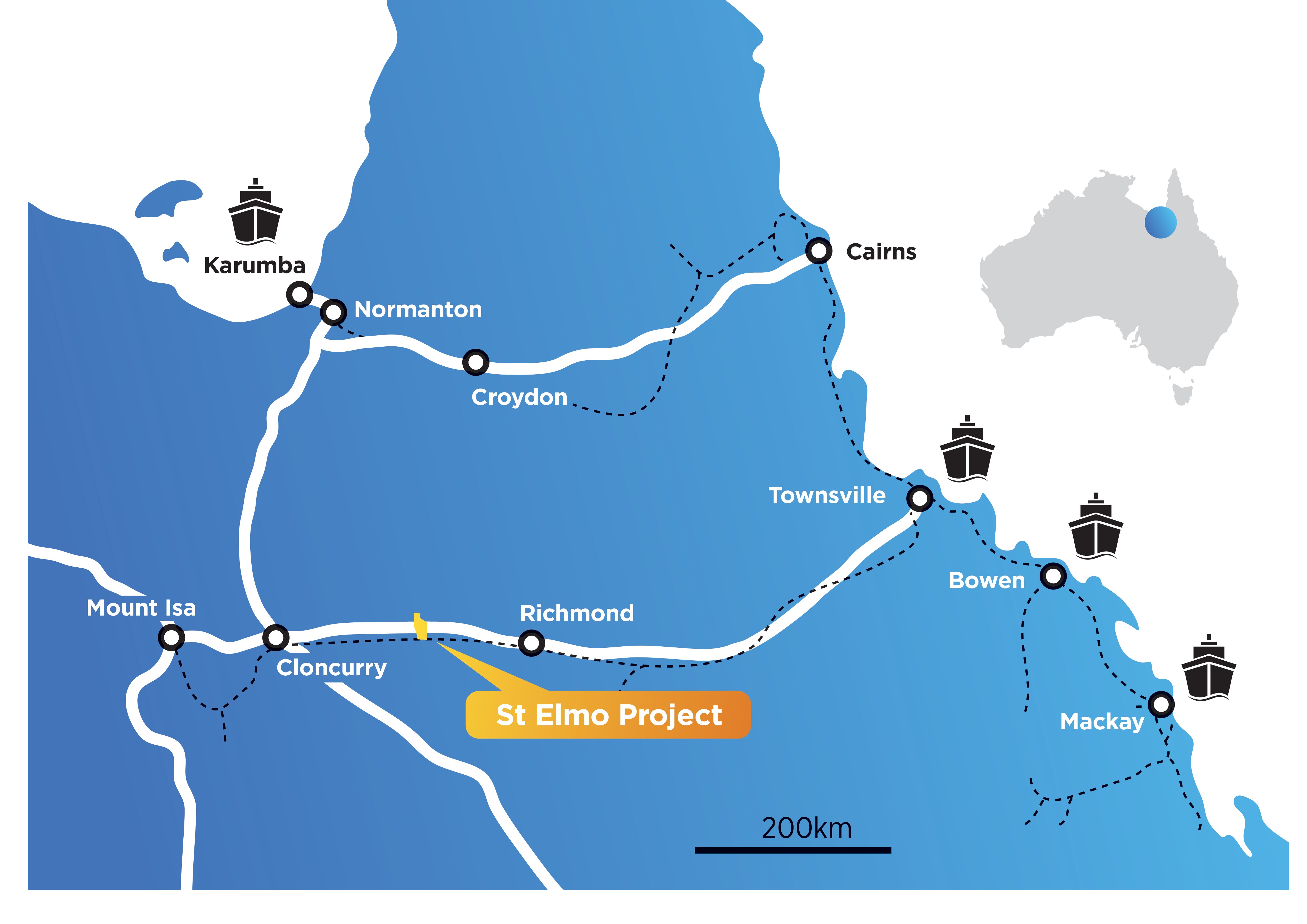 A map of towns in north Queensland and the site of the St Elmo Project.