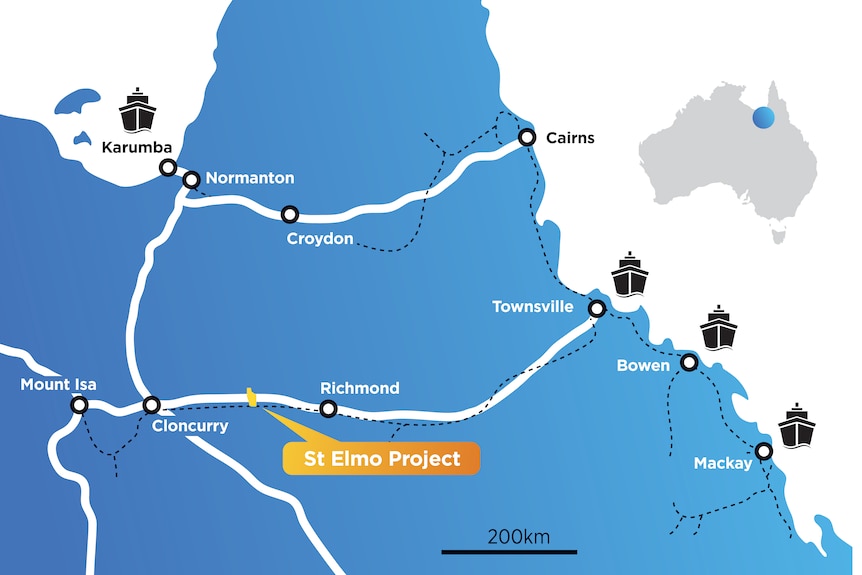 A map of towns in north Queensland and the site of the St Elmo Project.