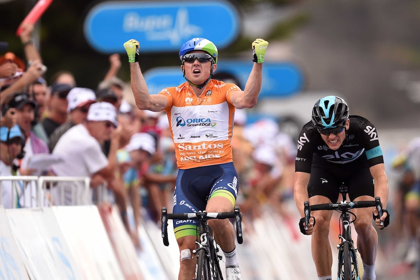 Overall leader Simon Gerrans celebrates winning stage 4 of the Tour Down Under