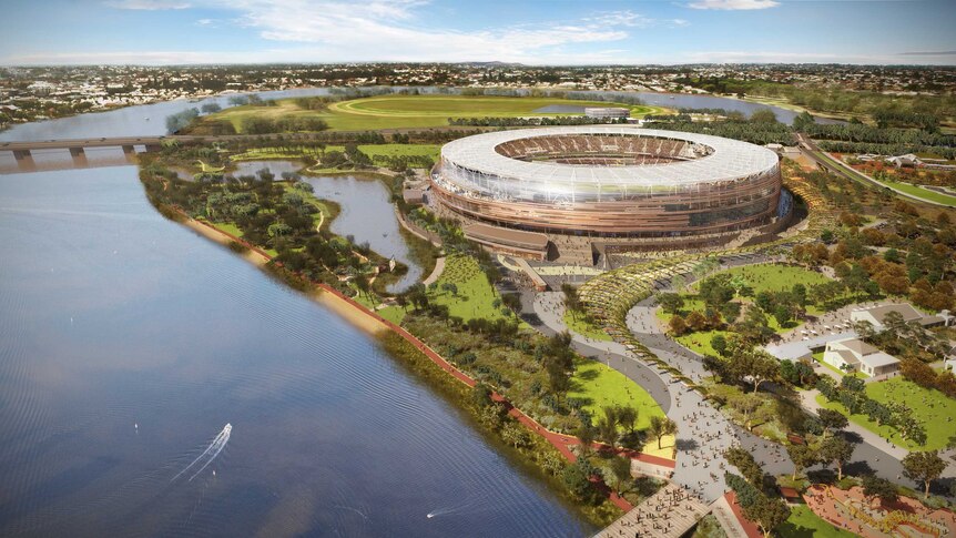 The new Perth Stadium and Sports Precinct. View from the south east 17 July 2014