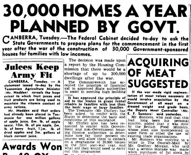 在联邦住房委员会发布首份临时报告后，柯廷工党政府宣布了战后的住房建设计划。