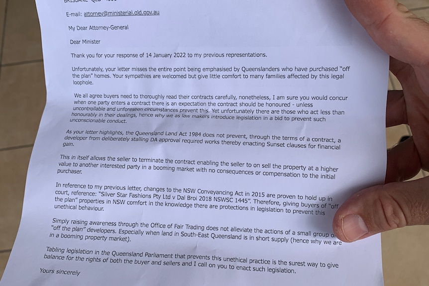 A letter from Mark Boothman to Shannon Fentiman about sunset clause homes