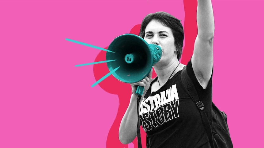 Australian Indigenous feminist Celeste Liddle holding a megaphone to depict a story about not feeling good enough.