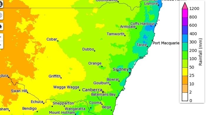 Colour-coded map of NSW with blues, greens, yellows and orange areas of the state to show rainfall prediction