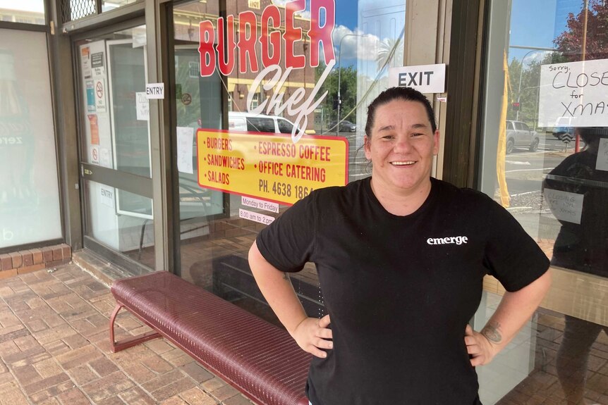 Emerge CEO Jen Shaw standing outside Emerge cafe's new premises in the new Lighthouse creative hub in Toowoomba's Margaret St