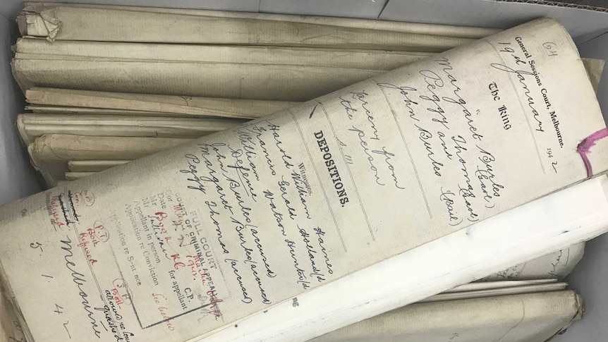 Old paper records in a white box. Copperplate writing, bold printed text reads 'Depositions'.