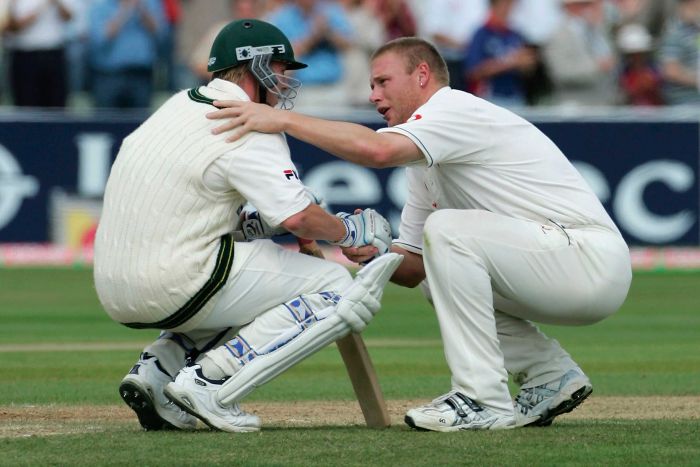 Brett Lee and Andrew Flintoff at Edgbaston