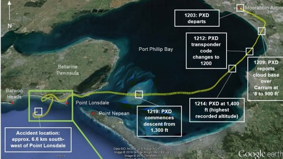 A Google Earth map tracking the flight pat of a Piper aircraft which crashed off Barwon Heads.