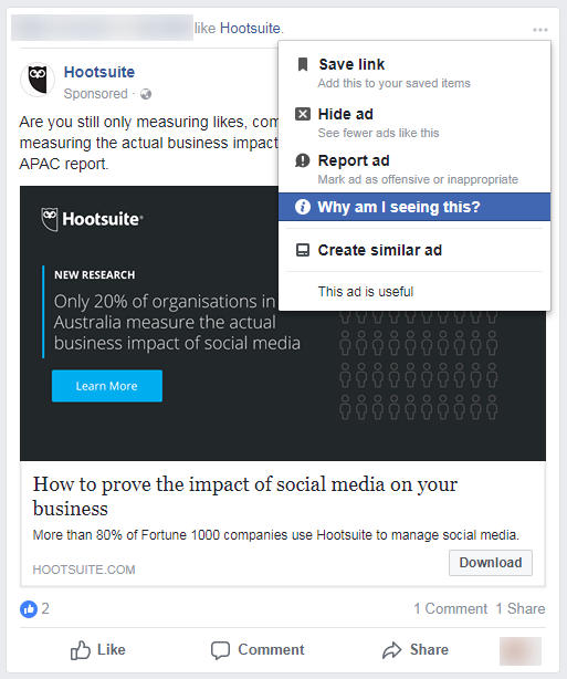 A Facebook explanation box