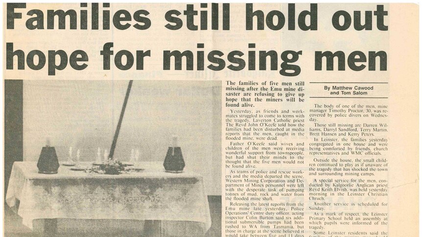 An old newspaper clipping about a story on the Emu mine disaster.
