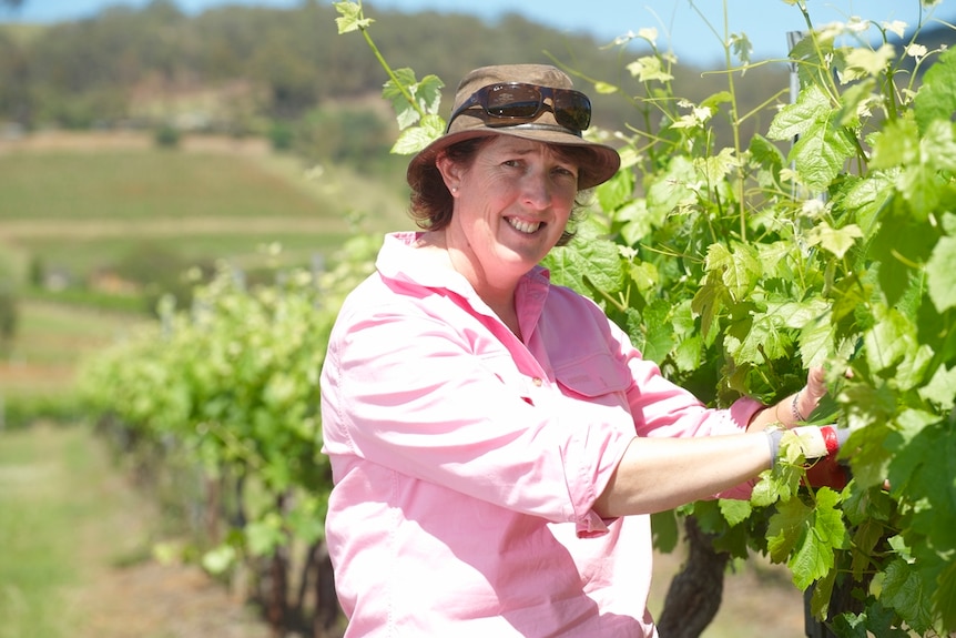A profile shot of Liz Riley standing on a sunny day in a green vineyard. She is facing the camera and handling a grape vine.