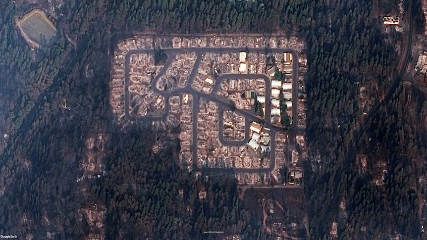 A satellite image shows Kilcrease Circle, where the vast majority of homes have burnt to the ground.