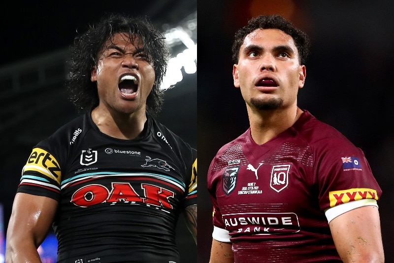 Composite image of Brian To'o (left) celebrating a try for Penrith Panthers and Xavier Coates in a Queensland Maroons jersey.