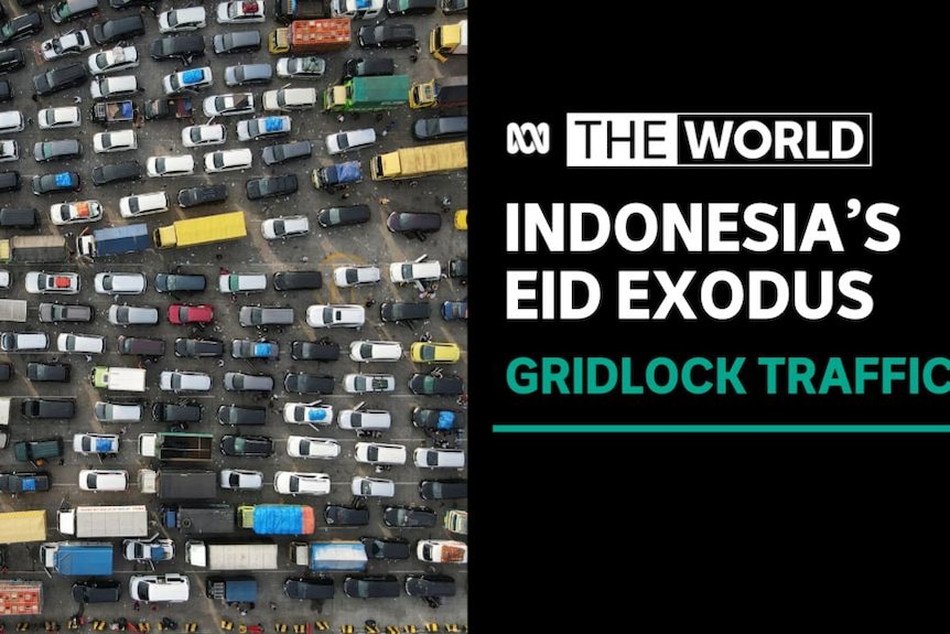 Indonesia's Eid Exodus, Gridlock Traffic: Top-down view of hundreds of vehicles in a traffic jam.