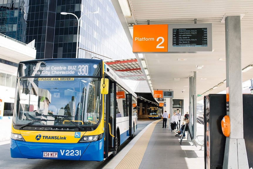 Bus parked at Platform 2 at Roma Street Station busway in Brisbane's CBD in May 2019.