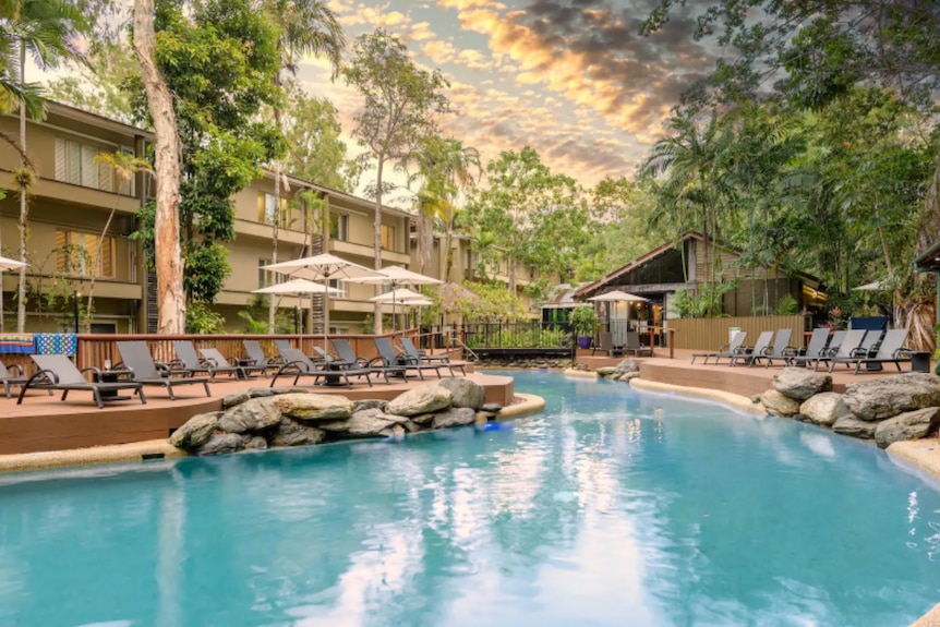 resort pool surrounded by trees and deck chairs