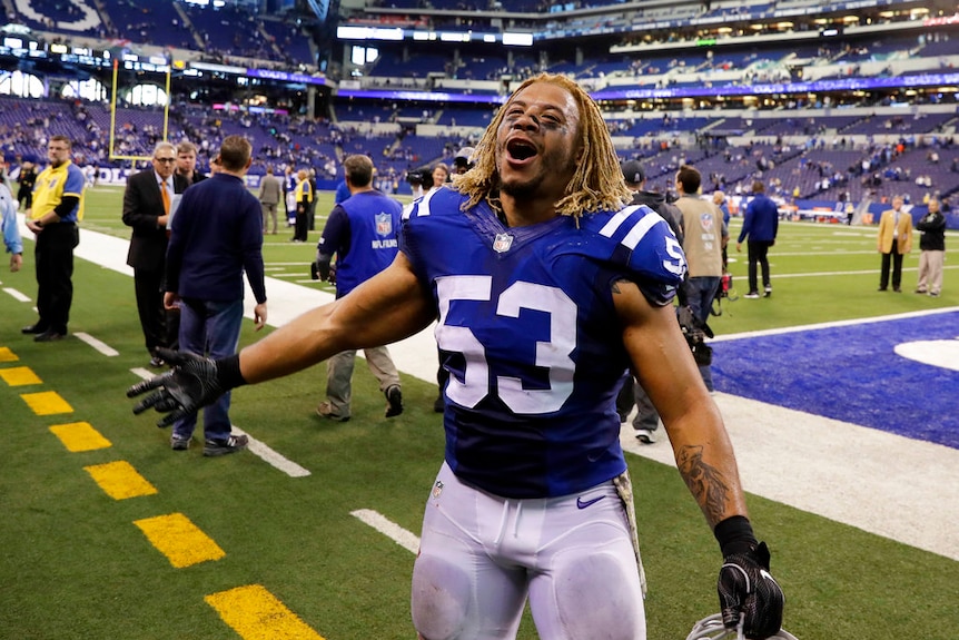 Indianapolis Colts linebacker Edwin Jackson (53) walks off the field