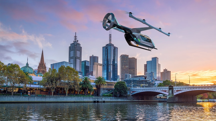 A digital image shows a drone-style helicopter flying over Melbourne's Yarra river.