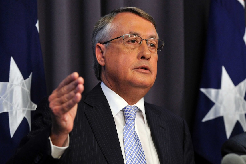 Wayne Swan gestures at press conference