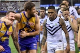 Two Eagles players celebrate on field next to a picture of Dockers players walking off the ground looking dejected.