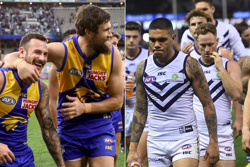 Two Eagles players celebrate on field next to a picture of Dockers players walking off the ground looking dejected.